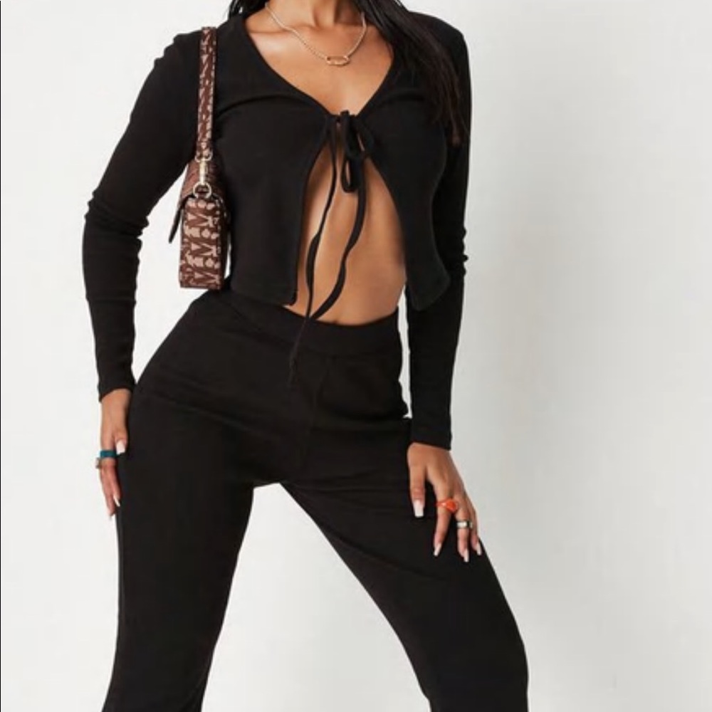 NWT SZ 12 Black Rib Tie Front Cardigan and Flares Trousers Co Ord Set Missguided